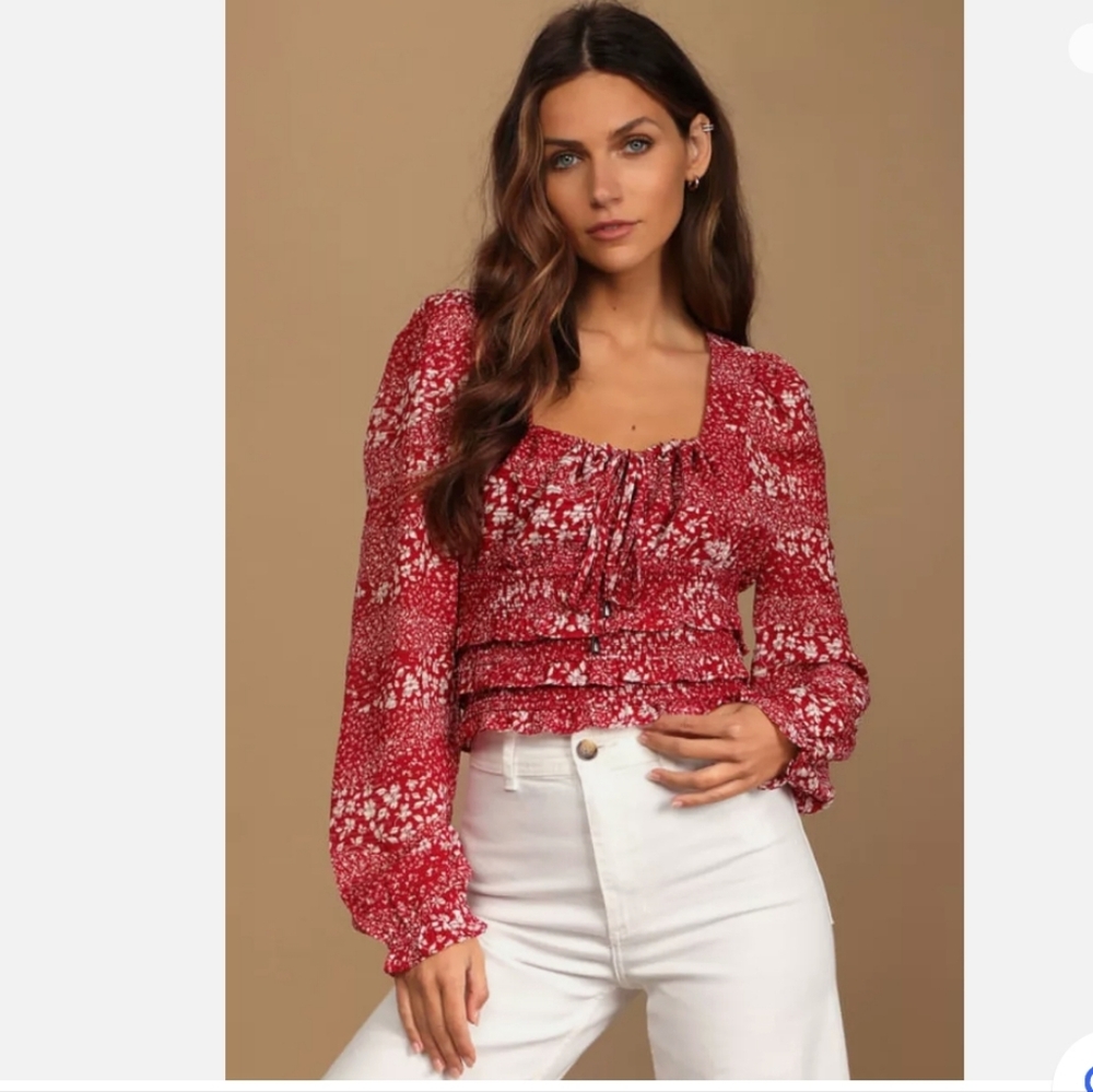 NWT Lulu's Red Floral Print Longsleeve Crop Top Size XL